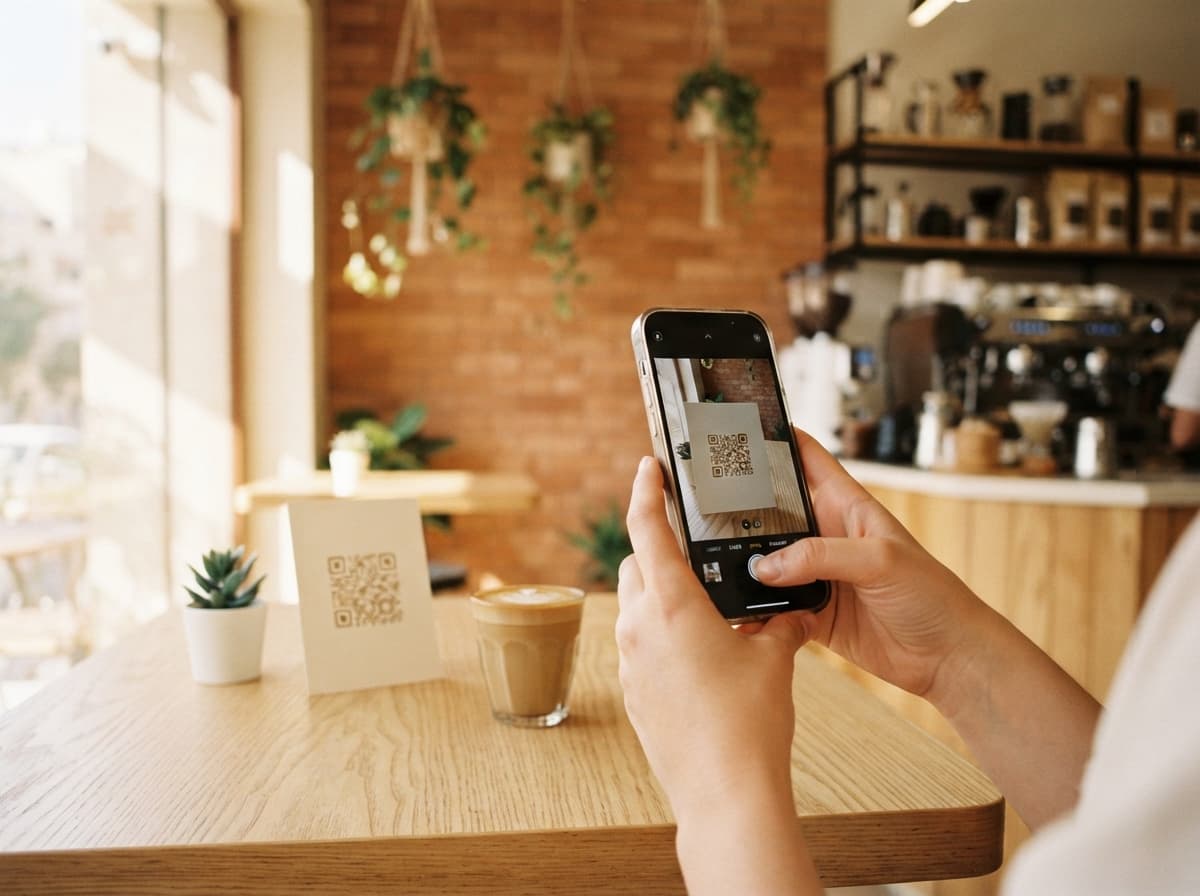 A guest scanning the QR code card on a café table